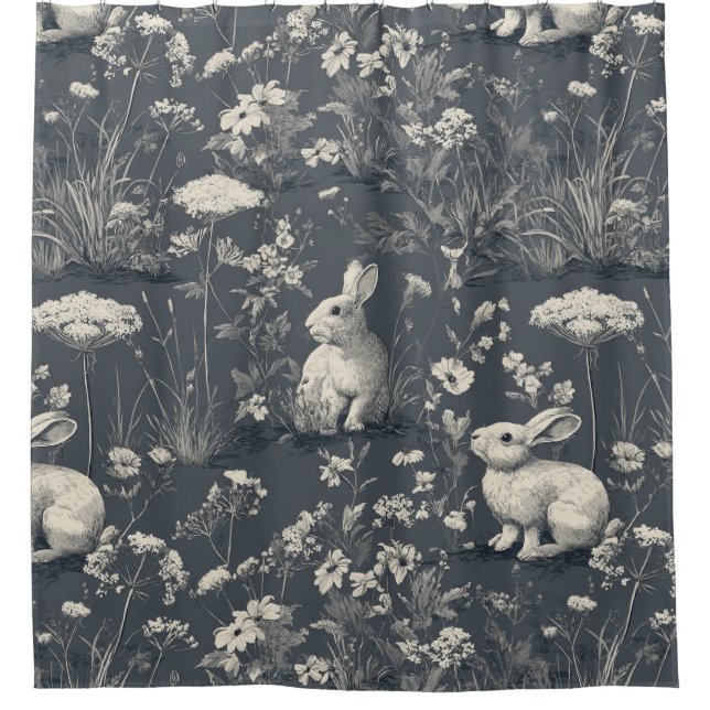Rabbit Garden Botanical Black Toile Pattern Shower Curtain (Front)