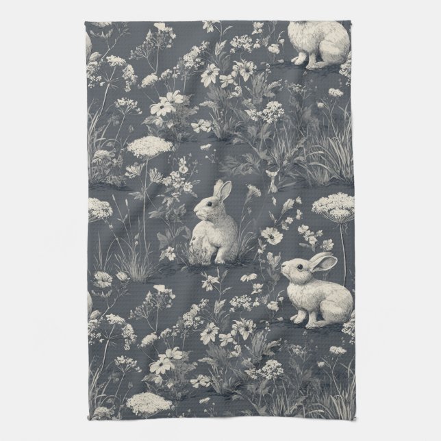 Rabbit Garden Botanical Black Toile Pattern Tea Towel (Vertical)