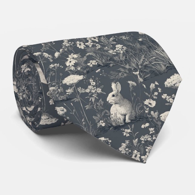 Rabbit Garden Botanical Black Toile Pattern Tie (Rolled)