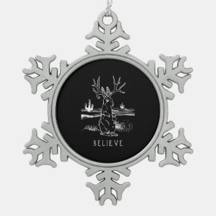 Rabbit Gift   Believe Jackalope Snowflake Pewter Christmas Ornament