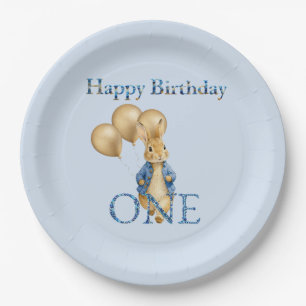 Rabbit Gold Balloons First Birthday Paper Plate