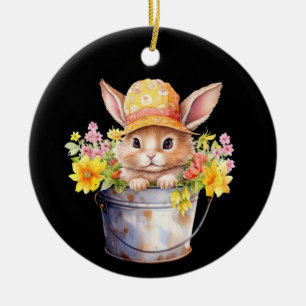 Rabbit Graphic For Girls Floral Spring Time Ceramic Ornament