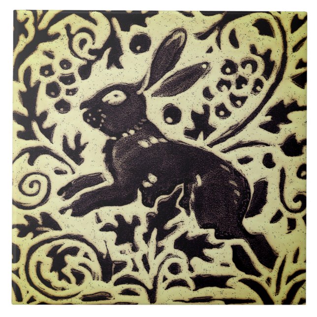 Rabbit Grey Green Stoneware Foliage Woodland Art Ceramic Tile (Front)