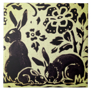 Rabbit Grey Green Stoneware Foliage Woodland Art Ceramic Tile