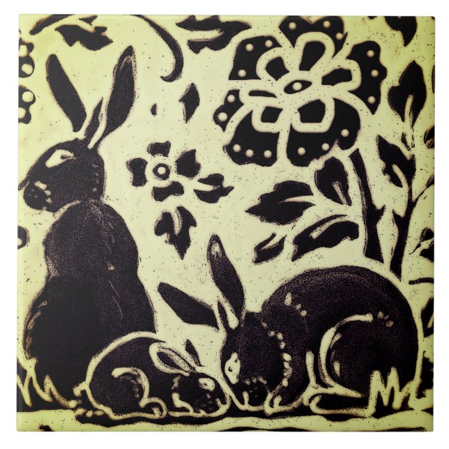 Rabbit Grey Green Stoneware Foliage Woodland Art Ceramic Tile (Front)