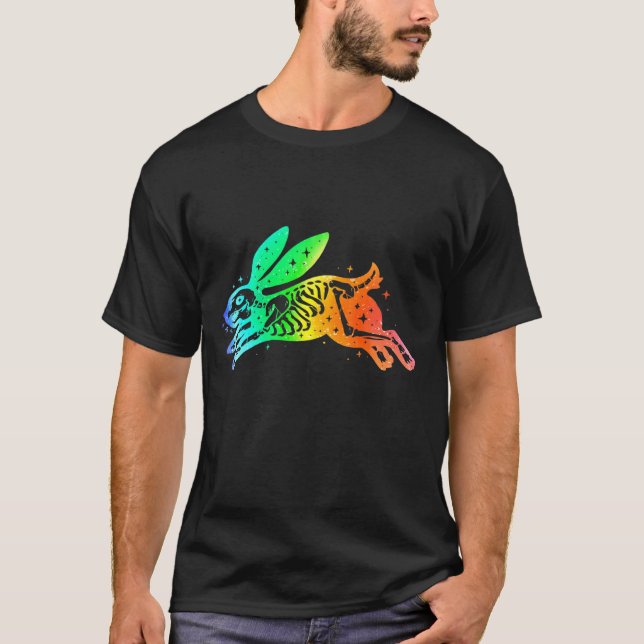 Rabbit Hare Skeleton Jumping Colourful Esoteric Li T-Shirt (Front)