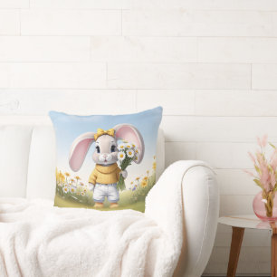 Rabbit holding bouquet of white daisies cushion