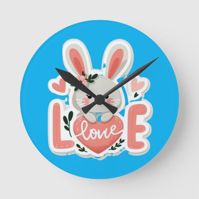 Rabbit Holding Heart Round Clock (Front)