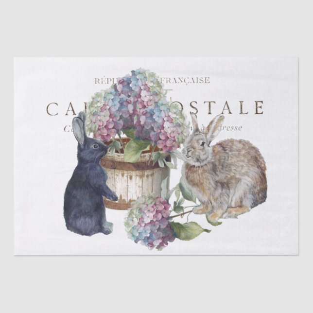 Rabbit Hydrangea Flower Bucket French Decoupage  Tissue Paper (Front)
