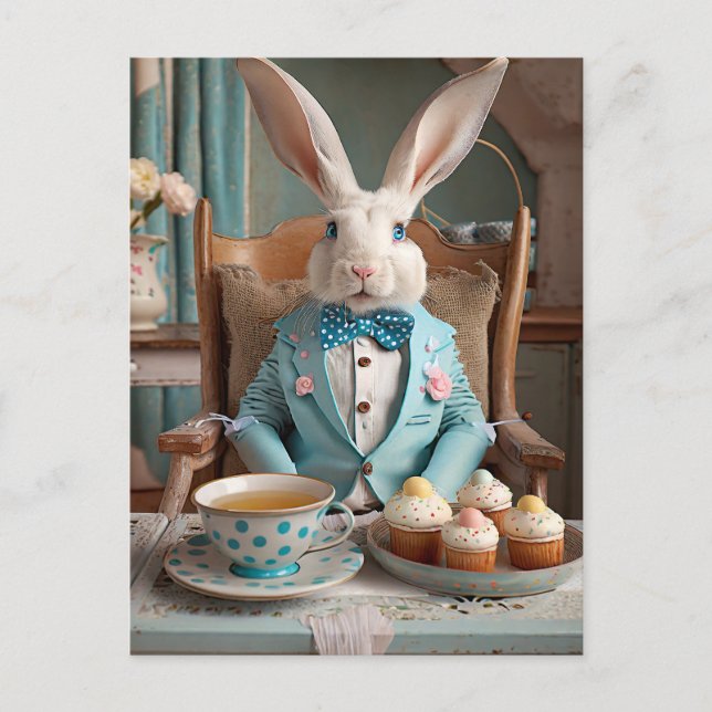 Rabbit in a blue coat and bow tie postcard (Front)