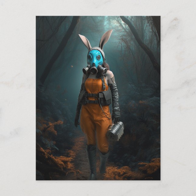 Rabbit in a blue gas mask in the woods postcard (Front)