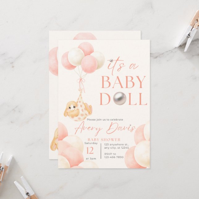 Rabbit in a creddle pink theme baby shower invitation (Front/Back In Situ)