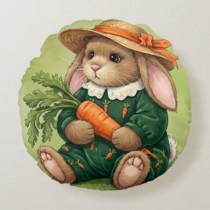 Rabbit in a Green Jumpsuit with a Carrot Round Cushion
