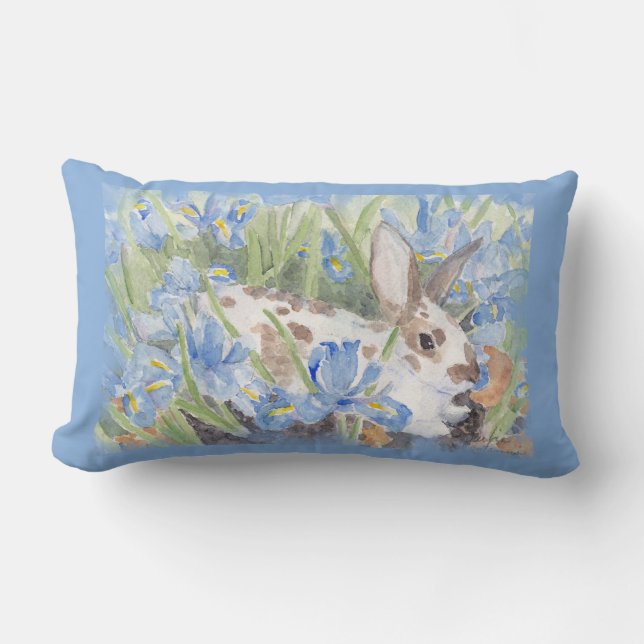 Rabbit in Blue Dutch Irises Lumbar Cushion (Front)