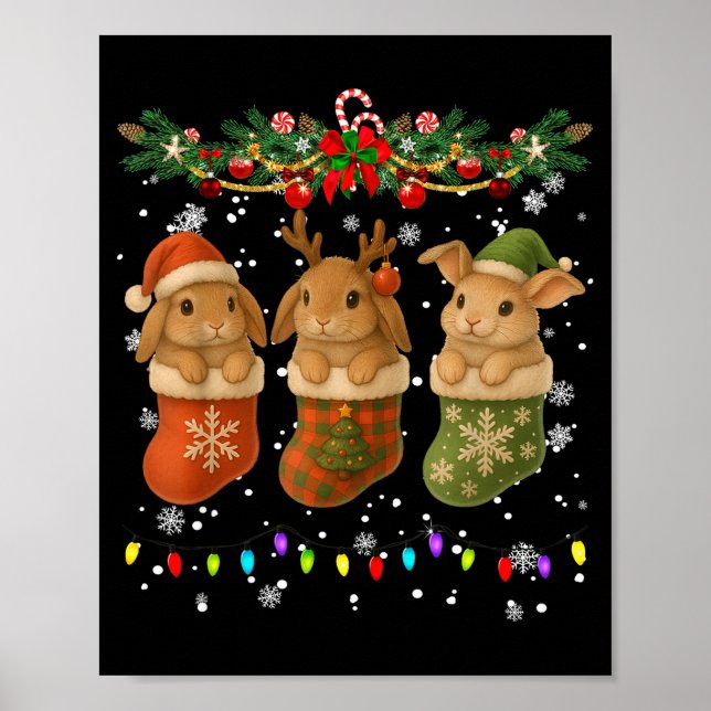 Rabbit In Christmas Socks Lights Rabbit Xmas  Poster (Front)