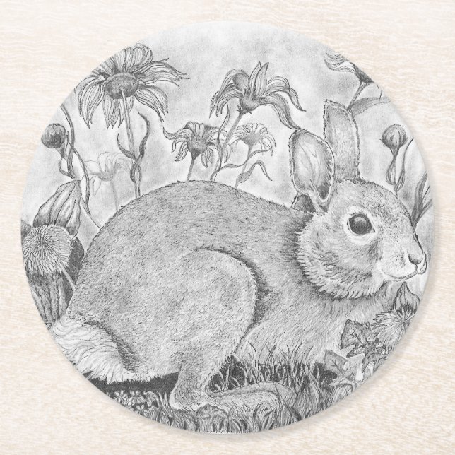 Rabbit in Flowers Round Paper Coaster (Front)
