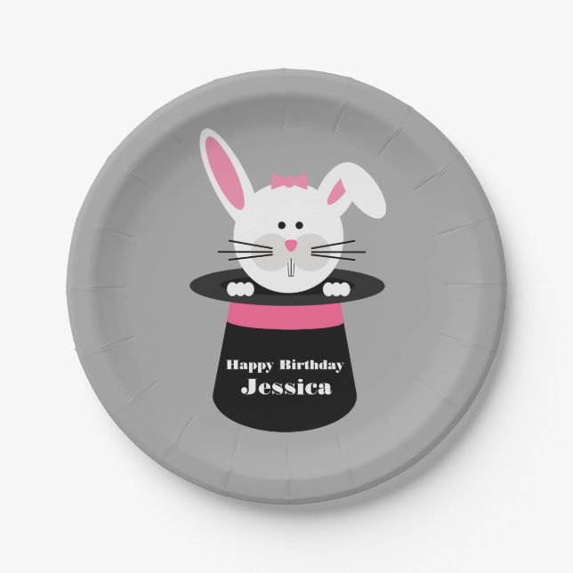 Rabbit In Hat Magician Birthday - Pink Paper Plate (Front)