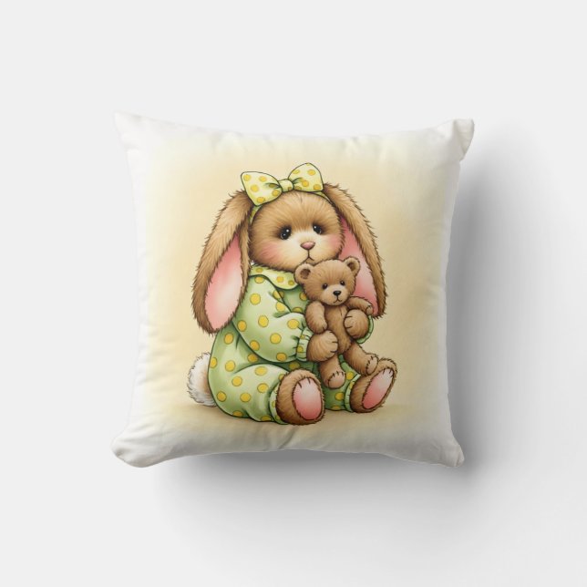 Rabbit in Pyjamas with a Plush Teddy Cushion (Front)