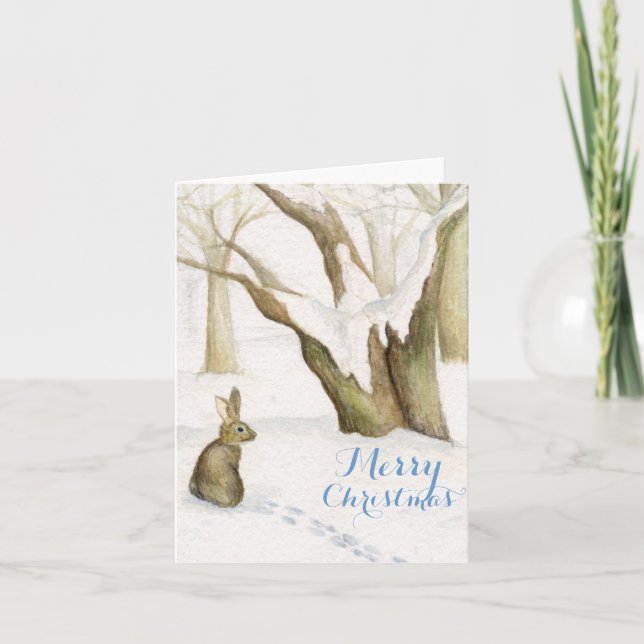 Rabbit in snow woods watercolor Christmas card (Front)
