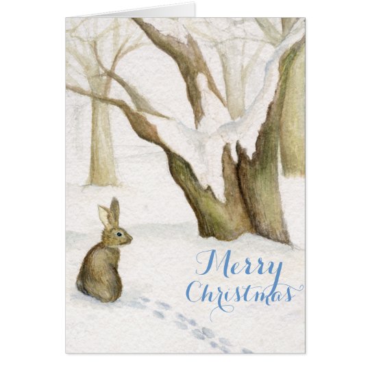 Rabbit in snow woods watercolor Christmas card