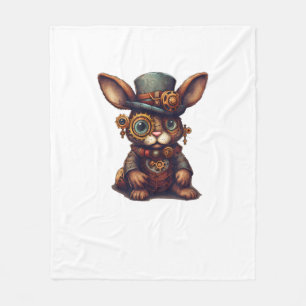 Rabbit in steampunk mechanical gear, vibrant bunny fleece blanket