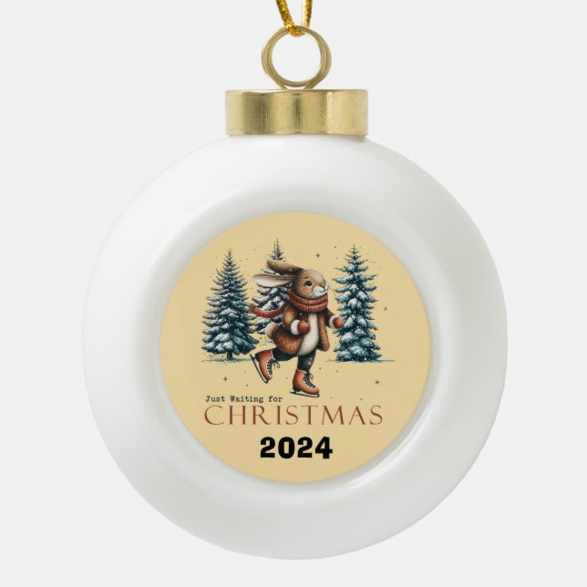 Rabbit Just Waiting For Christmas Ceramic Ball Christmas Ornament (Front)