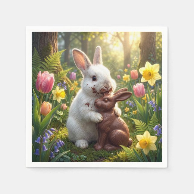 Rabbit Licking a Chocolate Easter Bunny Napkin (Front)