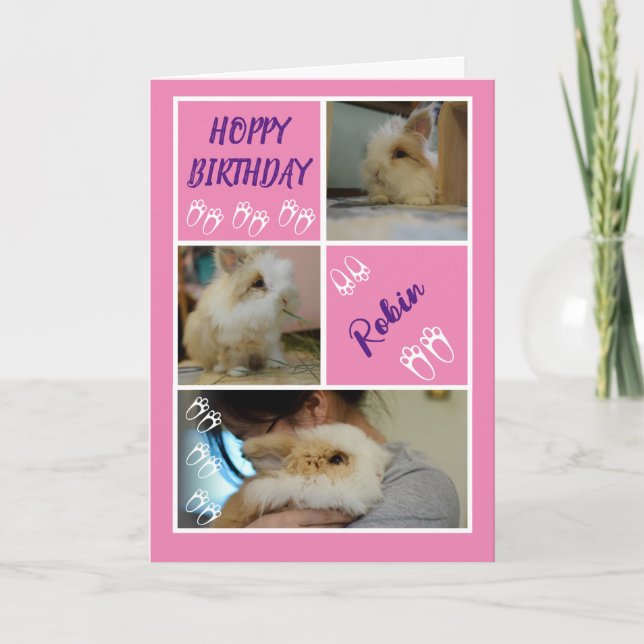 Rabbit Lover's Pink Hoppy Birthday Three Photo Card (Front)