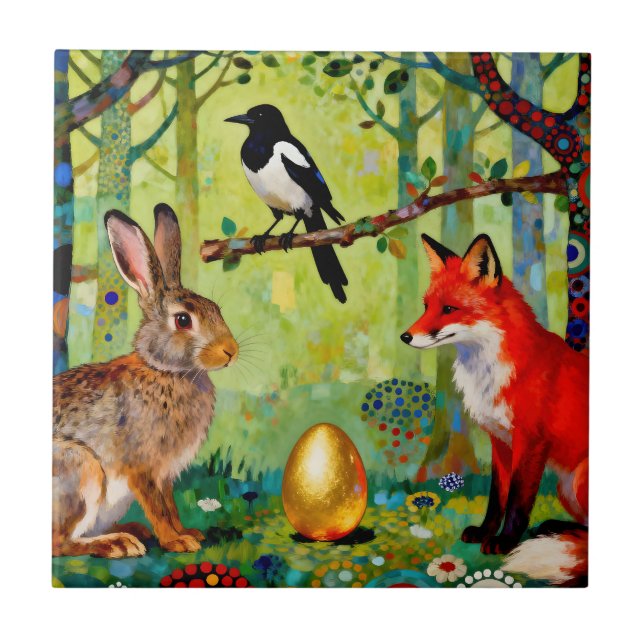 Rabbit, Magpie, Fox and “The Forest’s Secret”  Ceramic Tile (Front)