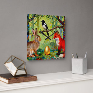 Rabbit, Magpie, Fox and “The Forest’s Secret” Square Wall Clock
