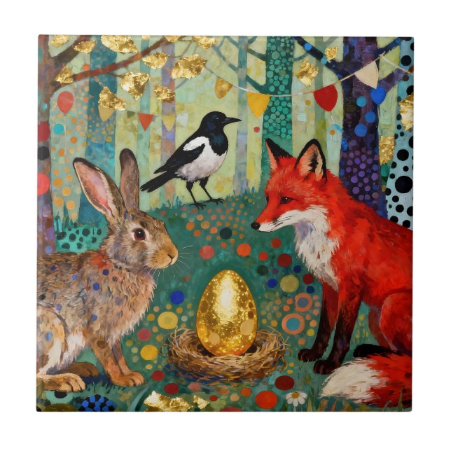 Rabbit, Magpie, Fox and “The Golden Goose Egg” Ceramic Tile (Front)