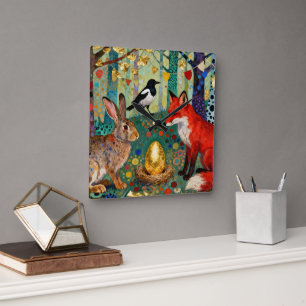 Rabbit, Magpie, Fox and “The Golden Goose Egg” Square Wall Clock