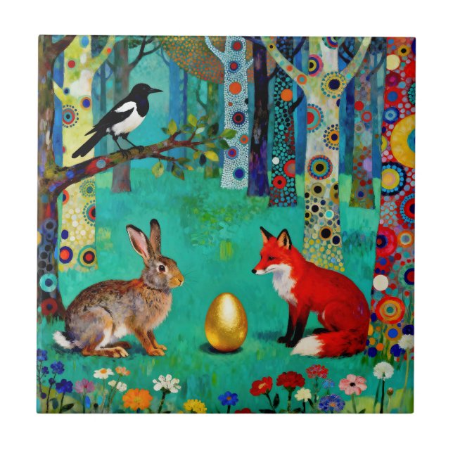 Rabbit, Magpie, Fox and “The Sharing Path” Ceramic Tile (Front)