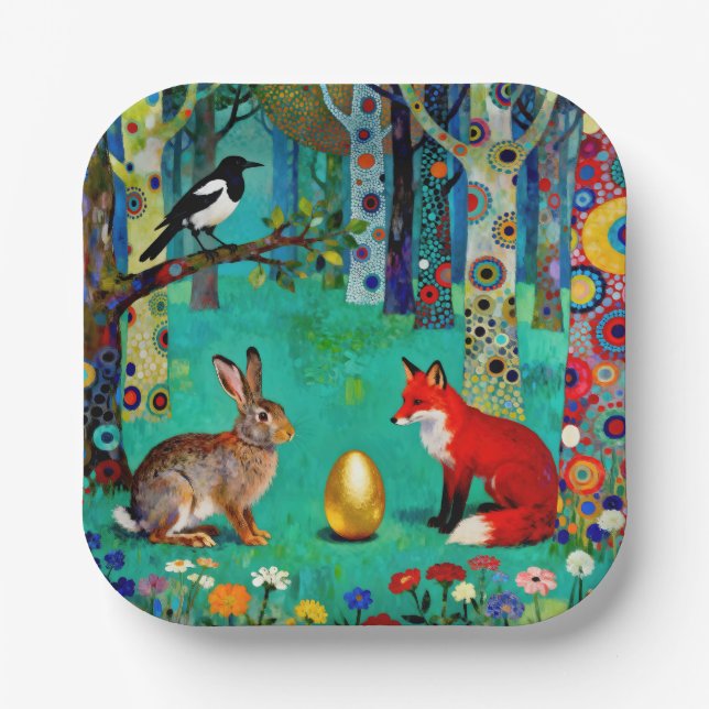 Rabbit, Magpie, Fox and “The Sharing Path” Paper Plate (Front)