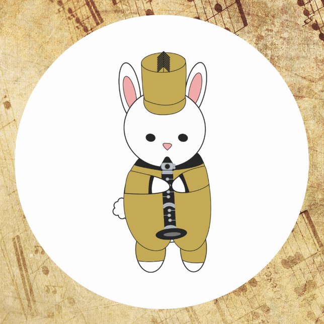 Rabbit Marching Band Clarinet Gold Black Classic Round Sticker (A sticker of a rabbit playing the clarinet while wearing a black and gold marching band uniform)