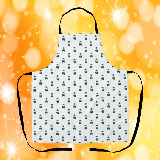 Rabbit Marching Band Clarinet Green Gold Apron (An apron with a pattern of white bunny rabbits playing clarinet)