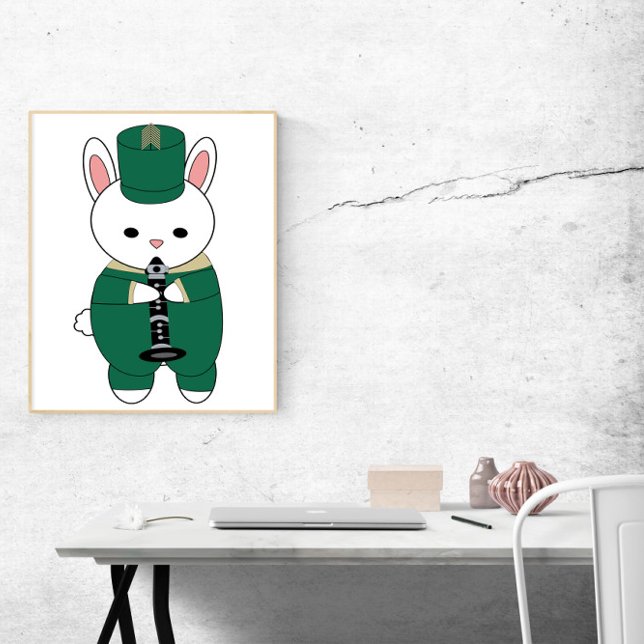Rabbit Marching Band Clarinet Green Gold Poster (A poster of a white rabbit playing the clarinet wearing a green & gold marching band uniform.)