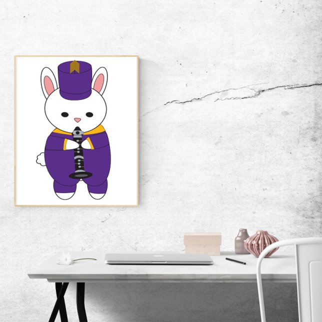 Rabbit Marching Band Clarinet Purple Yellow Poster (A poster featuring a rabbit playing the clarinet in a purple & yellow marching band uniform.)