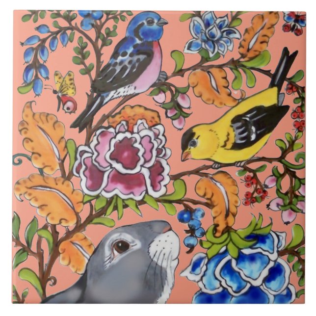 Rabbit Mural Floral Coral Top Half of 2 Pieces  Ceramic Tile (Front)
