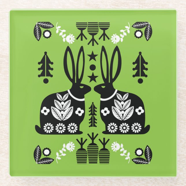 Rabbit Nordic Scandinavian Folk Art          Glass Coaster (Front)