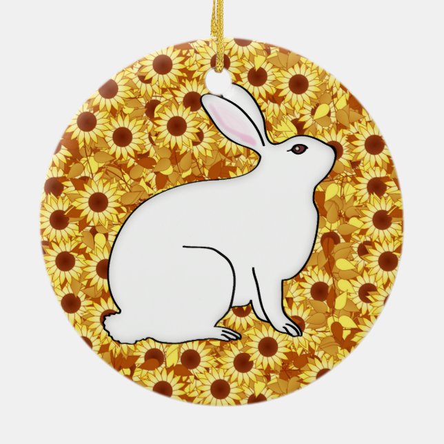 Rabbit on a bed of spring flowers ceramic ornament (Back)