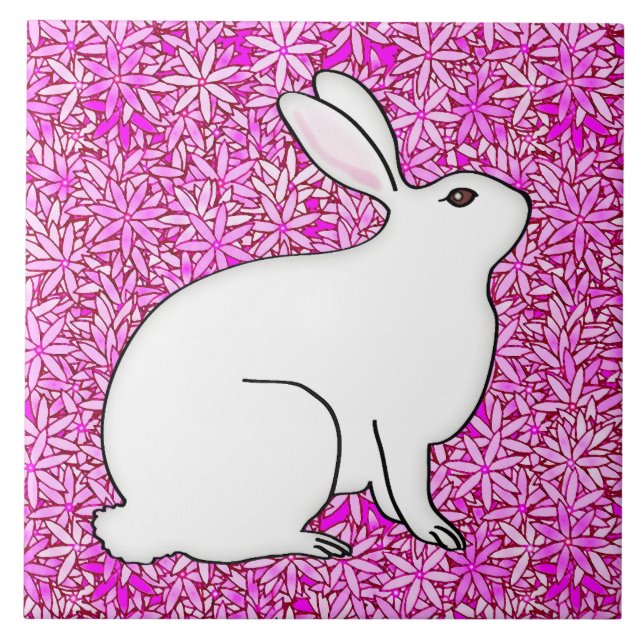 Rabbit on a bed of spring flowers ceramic tile (Front)