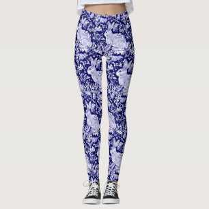 Rabbit Pattern Dark Blue White Bird Floral Unique Leggings