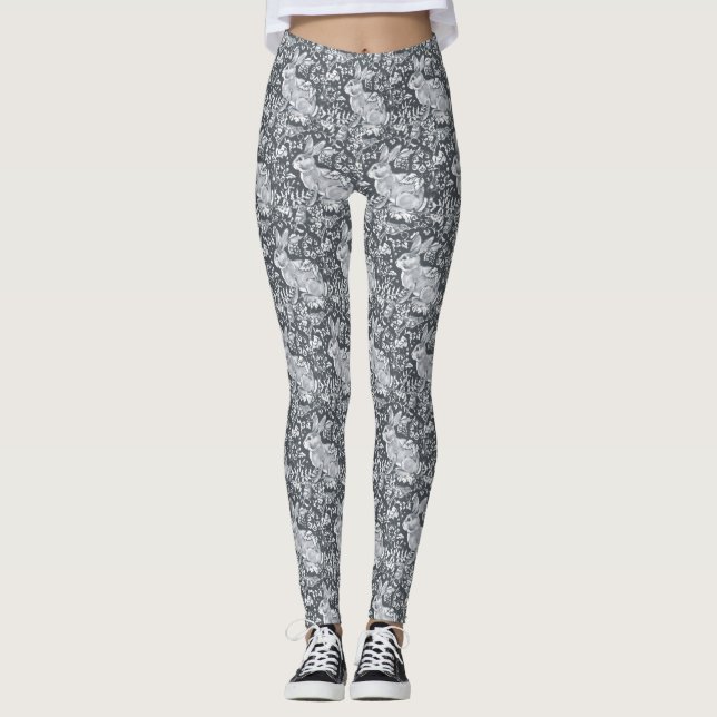 Rabbit Pattern Grey White Bird Floral Casual Leggings (Front)