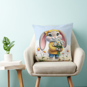 Rabbit pink ears white daisies cushion