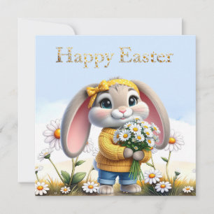 Rabbit pink ears white daisies Happy Easter Holiday Card
