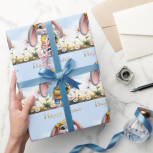 Rabbit pink ears white daisies Happy Easter Wrapping Paper