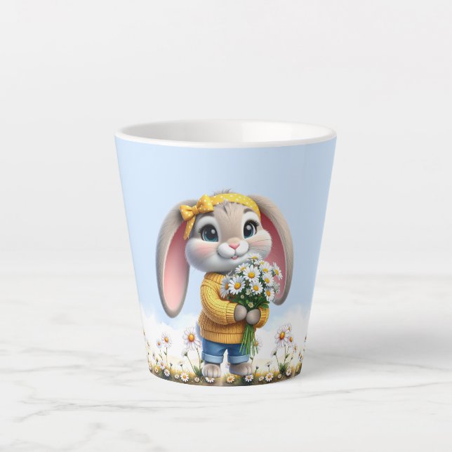 Rabbit pink ears white daisies  latte mug (Front)