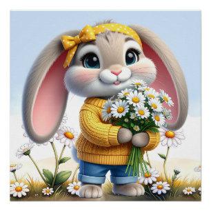 Rabbit pink ears white daisies poster