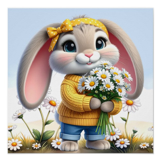 Rabbit pink ears white daisies poster (Front)
